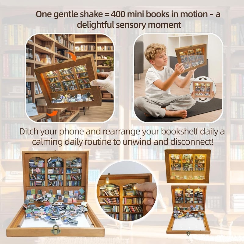 Silanit 10.2 x 9.1 x 3.1 in Anxiety Bookshelf with 400 Mini Book Pieces includes 6 Decorative Mini Lights, Miniature Bookshelf for Tiny Home, Library Decor, Book Organizer for Office Desk, Bookish Spaces - Image 4